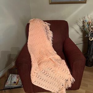 Beautiful Handmade Pale Peach Crocheted Fringed Large Throw